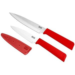 KUHN RIKON COLORI+ Classic Basic set hulpmessen en universeel mes met recht lemmet en lemmetbescherming, anti-aanbaklaag, roestvrij staal, rood