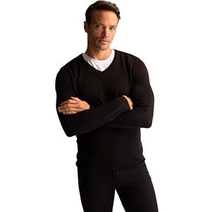 DeFacto Heren gebreide trui met lange mouwen ronde hals sweater - slim fit trui voor heren tops (zwart, L), zwart, L