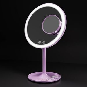 EMKE® Violet make-upspiegel met verlichting, 3 lichtkleuren, dimbaar, 1 x / 3 x verlichte make-upspiegel, 90 graden draaibaar, USB-oplaadbare led-make-upspiegel, Macaron tafelspiegel voor make-up en