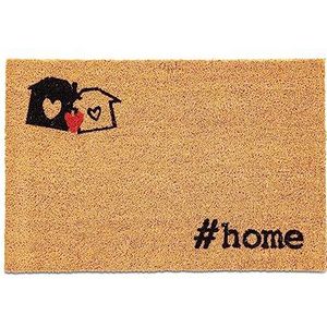 Relaxdays deurmat kokos, kokosmat ""#home"" print, 60 x 40 cm, antislip, schoonloopmat voor binnen & buiten, natuur/zwart
