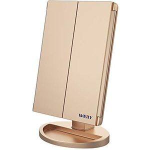 WEILY Make-upspiegel met verlichting, make-upspiegel met 1X/2X/3X vergroting, opvouwbare make-upspiegel met ledverlichting en touchscreen, tafelspiegel, ondersteuning USB en batterij (goud)