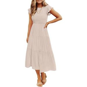 ZESICA Zomerjurk, dames casual flutter korte mouw ronde hals gesmokte elastische taille tiered midi, Abrikoos, L