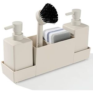 Keukenzeepdispenser met sponshouderset voor gootsteen caddy, handzeep en afwasmiddel dispenser met borstel mat beige