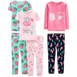 Simple Joys by Carter's Girls' 6-Piece Snug Fit Cotton Pajama Set, Green Strawberries/Navy/Pink Flamingo/Rose Llama Print, 2T