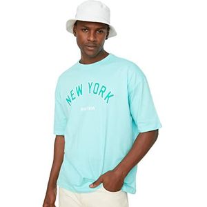 Trendyol Heren Mint mannen oversized fit 100% katoen ronde kraag korte mouwen print T-shirt medium