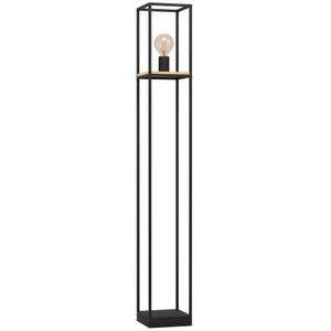 EGLO Vloerlamp Libertad, 1-lichts staande lamp van zwart metaal en natuurlijk hout, staanlamp voor woonkamer met trapschakelaar, E27 fitting