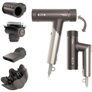 Shark SpeedStyle Pro FLEX haardroger, haardroger met hoge prestatie en snelheid, 4 stylingopzetstukken, lichtgewicht, ionisch, geen hitteschade, inklapbaar, voor ieder haartype, mokka zilver HD542EU
