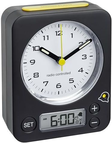 TFA Dostmann Combo analoge wekker, 60.1511.01.07, met radioklok, met digitale alarminstelling, geruisloze toetsen, zwart-geel