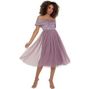 Maya Deluxe Bardot-jurk voor dames, midi-jurk met hoge taille en pailletten, versierd, formeel evenement voor bruiloft, gast, bruidsmeisjesjurk, Moody Lilac, 46