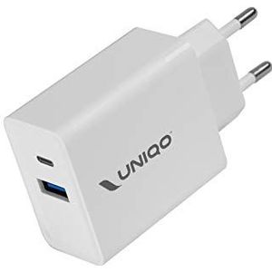 Uniqo 18 Watt Power Delivery stekker, 1 USB-uitgang en 1 Type-C-aansluiting voor snel opladen voor Android-smartphones, iPhone en laptop