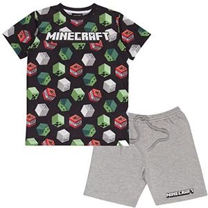 Minecraft 3D Creeper TNT Skeleton Zombie Shorts en t-shirt set, Kinderen, 128-170, Black/Heather Grey, Officiële Koopwaar