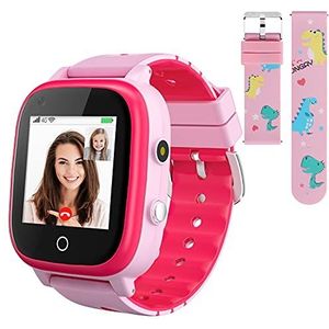 OKYUK 4G Smartwatch voor kinderen met simkaart, GPS-tracker, meerdere desktopstijlen om uit te kiezen, twee-weg oproepen, SOS, WLAN, waterdicht touchscreen, voor jongens en meisjes van 4-12 (T5 roze)