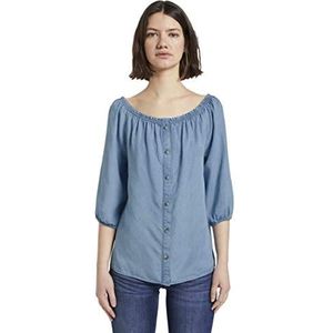 TOM TAILOR Denim Dames Schoudervrije Carmen-blouse met knopen 1018537, 10151 - Light Stone Bright Blue Denim, M