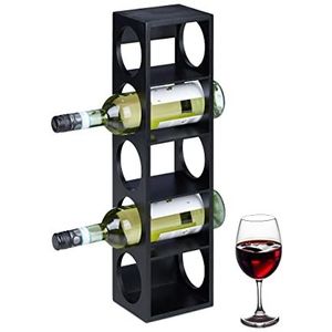 Relaxdays wijnrek voor 5 flessen, wijnstandaard bamboe, HxBxD: 53 x 14 x 12 cm, staand wijnflessenrek, woonkamer, zwart