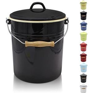 Krüger Vuilnisemmer met deksel, stalen afvalemmer met emaille coating en houten handvat, snij- en krasbestendig oppervlak, duurzaam en veelzijdig inzetbaar (10 liter, Triëst)