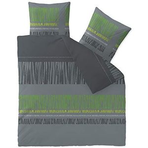 CelinaTex Touchme flanellen beddengoed, 200 x 220 cm, 3-delig katoenen dekbedovertrek, Anni grijs, zwart, groen