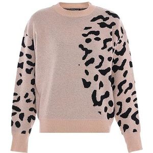 Fenia Dames onregelmatige inzetstukken met luipaardpatroon, trui met ronde hals beige leeuw maat XL/XXL, Beige Leo, XL