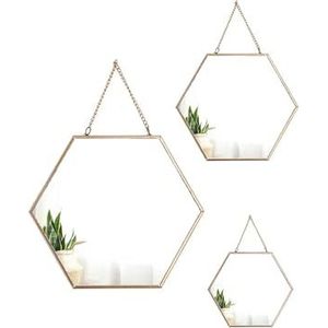 Avilia Set van 3 zeshoekige metalen spiegels, afmetingen 20 cm, 25 cm en 30 cm, moderne stijl voor wanddecoratie, ideaal voor woonkamer, slaapkamer en badkamer