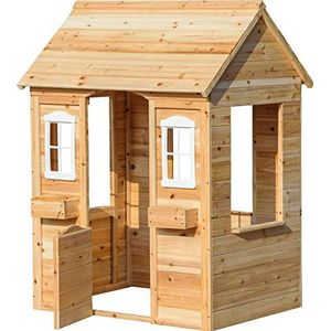 dobar 94810FSCe Speelhuis met bloembakken, voor kinderen, outdoorhuis, tuinspeelhuis van hout, tuinhuis met venster, 107 x 92 x 144,5 cm, naturel