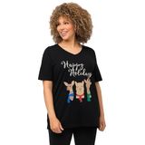 Ulla Popken - T-shirt - Zwart - V-hals - Kerstdieren
