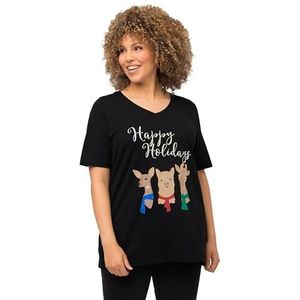 Ulla Popken - T-shirt - Zwart - V-hals - Kerstdieren