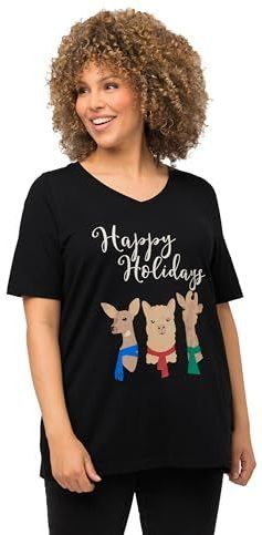 Ulla Popken - T-shirt - Zwart - V-hals - Kerstdieren