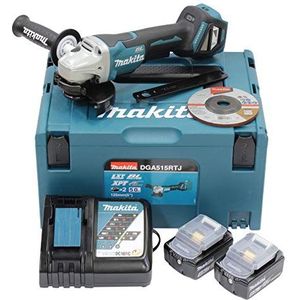 Makita DGA515RTJ haakse slijper met accu, 18 V, met paddle-schakelaar/5,0 Ah, 2 accu's + oplader in MAKPAC