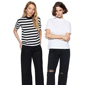 Trendyol Dames Zwart en Wit Steep Collar 2 Pakket Basic Gebreide T-Shirt T-Shirt, XL