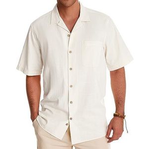 Alimens & Gentle Katoenen linnen herenoverhemden met korte mouwen, button-down shirts, zomer strand Hawaïaans shirt voor heren, A-romig Wit, M