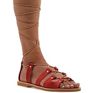 40 Koraalrood Emmanuela antieke Griekse Gladiatorale sandalen, handgemaakte platte lederen sandalen met open tenen en veters, hoge kwaliteit zomerschoenen voor het vastbinden voor vrouwen