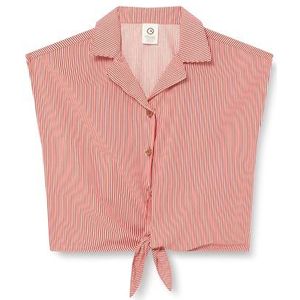 by Green Cotton Poplin Stripe Crop S/S Button Down Shirt voor jongens, Balsem Cream/Apple Red, 122 cm
