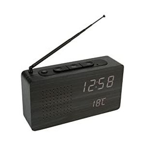 Fisura - Radiowekker, klok, draagbare desktopradio, digitale wekker met radio, 17,7 x 4,5 x 9 cm, materiaal: hout (Zwart)