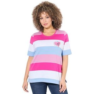 Ulla Popken Dames grote maten grote maten plus size T-shirt, gestreept, hartborduurwerk, ronde hals, halve mouwen, Magnolia rood, 46-48