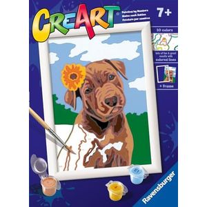 Ravensburger - CreArt E-serie Classic: puppy met bloem, schilderset op nummer, bevat een voorgedrukte plank, kwast, kleuren en accessoires, creatief spel voor jongens en meisjes van 7+ jaar