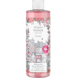 Woods of Windsor Rose bad- en douchegel, douchegel voor dames met bloemige witte jasmijn en ylang ylang-tonen, hydraterende body wash voor vrouwen met vitamine E, echte rozengeur 250 ml