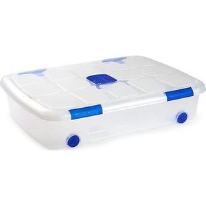 DRW Opbergdoos onder het bed van pvc, transparant, met deksel en wielen en mottenbescherming, 42 liter, 55 x 73 x 16 cm