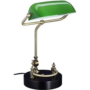 Relaxdays bankierslamp met zwarte voet, kantelbare lampenkap, houten voet, E27-fitting, bureaulamp, vintage, groen/zwart