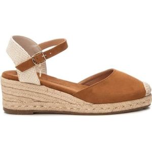 Xti - Espadrille - Bruin - Suède en Textiel - Gesp Sluiting - Lage Jute Sleehak