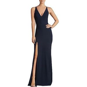 Dress the Population Dames Iris Plunging Spaghetti Strap Solid Crepe Gown W Slit Jurk