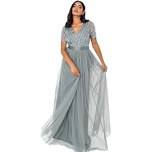 Maya Deluxe Maxi-jurk voor dames, bruidsmeisje, V-hals, baljurk met korte mouwen, lang, elegant, empire-taille, bruiloft, Misty Groen, 40