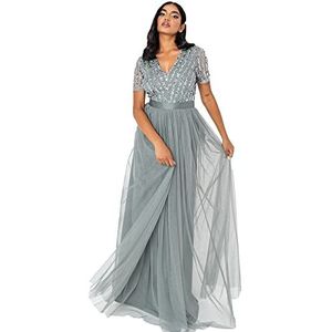 Maya Deluxe Maxi-jurk voor dames, bruidsmeisje, V-hals, baljurk met korte mouwen, lang, elegant, empire-taille, bruiloft, Misty Groen, 38