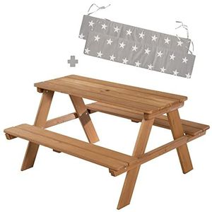 roba Houten Kindertafel Buiten 'Picknick voor 4' - Picknicktafel met 2 Banken en 1 Tafel + Bankkussens - Binnen en Buiten - Weerbestendig (Teak)