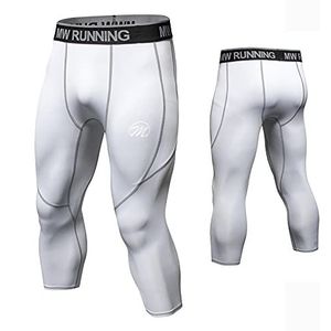 MEETWEE Compressiebroek voor heren, lange en 3/4 sportlegging, ademend, functionele onderbroek, tights, compressiebroek voor mannen, 3/4, wit, XL