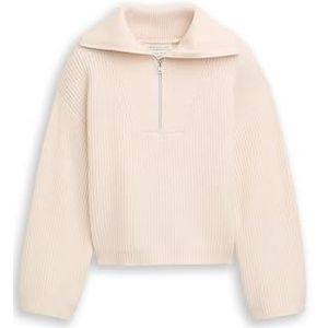 Tom Tailor - Gebreide Trui - Soft Cream Beige - Kort met Rits en Colkraag