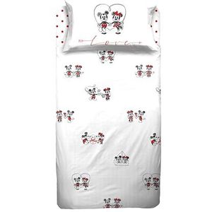 Mickey & Minnie Micky Mouse beddengoedset voor eenpersoonsbed, kinderbed, hoeslaken, kussensloop, wit, 100% katoen, officieel product