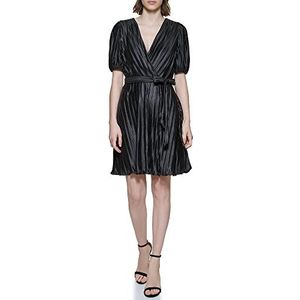 DKNY Dames Puff Sleeve V-hals Pleated Dress, Black, 6, zwart, 36