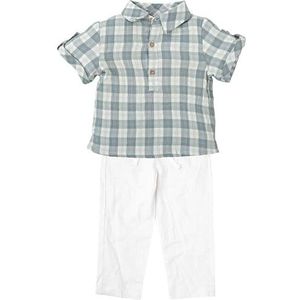 BABIDU Kinderset met geruit shirt met korte mouwen en lange broek, wit, uniseks baby, Uniek, 12 Maanden