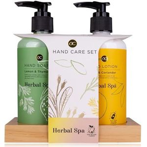 Accentra Handverzorgingsset Herbal Spa op houten plank, 290 ml zeep en lotion, verpakking (papier), flessen van gerecycled materiaal - navulbaar