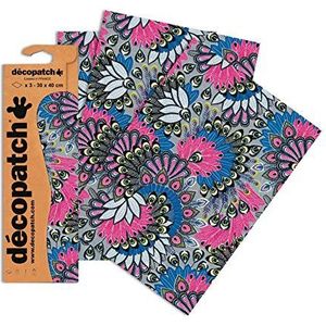 Decopatch Papier No. 538 (zilver roze pauwenveer, 395 x 298 mm) 3-pack