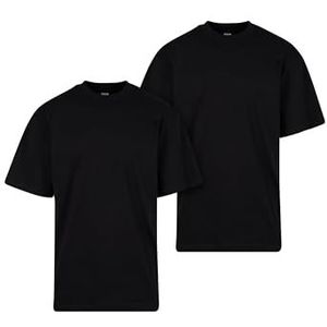 Urban Classics Tall Tee T-shirt voor heren, verpakking van 2 stuks, katoen, geribbelde ronde hals, verkrijgbaar in vele kleuren, maten S-6XL, zwart + zwart., L